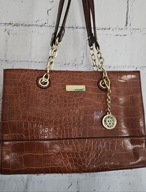 Ann Klein Brown Croc-Embossed Tote Handbag with Gold Hardware